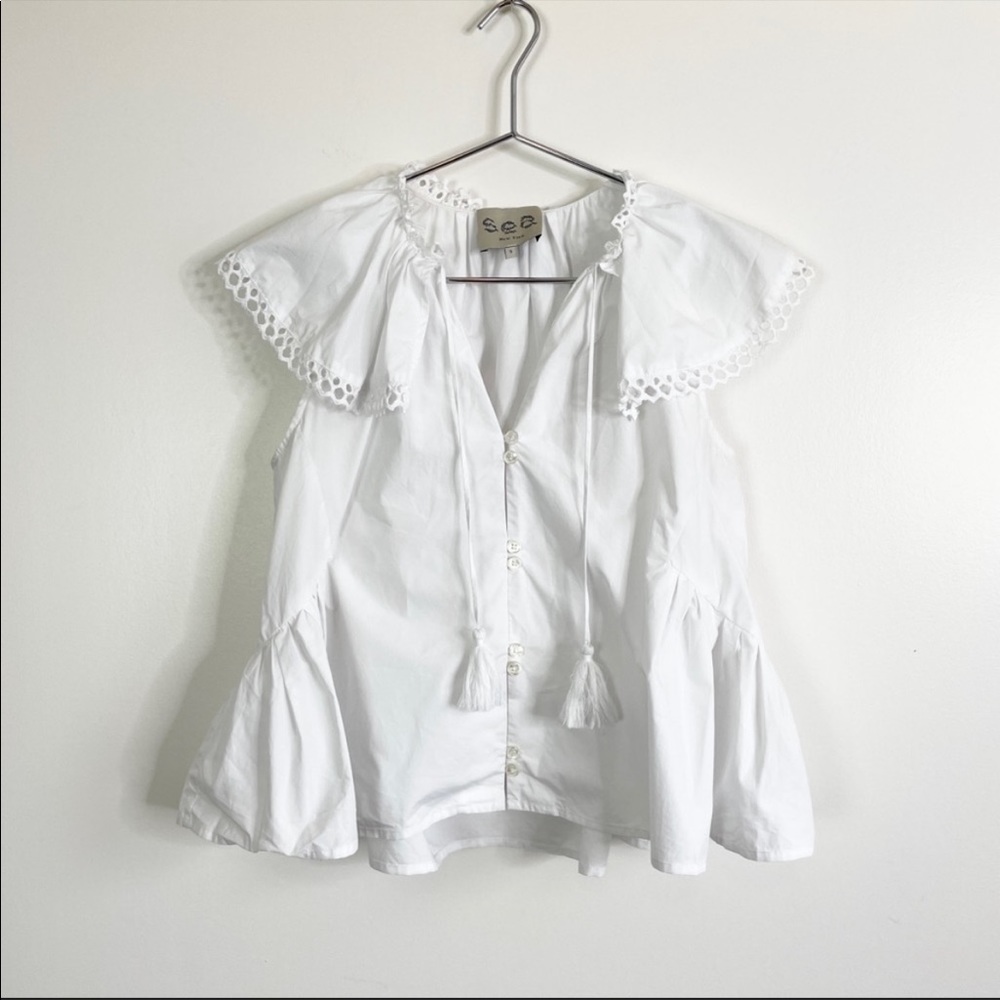 SEA NY White Oversized Collar White Button Down Top
